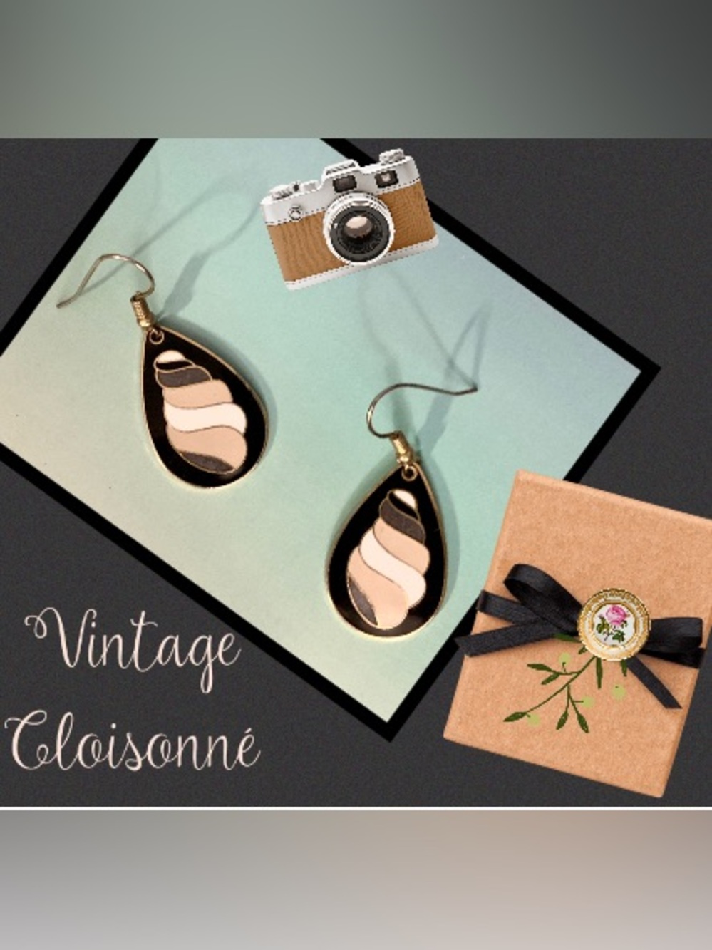 Vintage Cloisonné Earrings - Black and Cream Colorblock